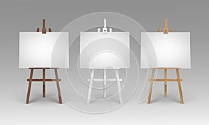 Vector Set of Wooden Brown White Sienna Easels with Mock Up Empty Blank Horizontal Canvases Isolated on Background