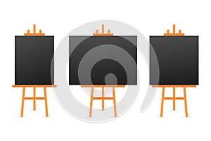 Vector Set of Wooden Brown White Sienna Easels with Mock Up Empty Blank Square Canvases Isolated on Background