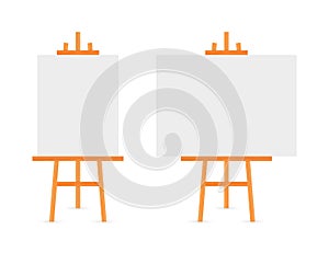 Vector Set of Wooden Brown White Sienna Easels with Mock Up Empty Blank Square Canvases Isolated on Background