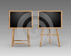 Vector Set of Wooden Easels with Mock Up Empty Blank Square Black Boards on Background