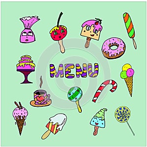 Vector set, word Menu, ice cream, sweet, candy, cup of tea, cofee, cake, donat, dessert, colorful isolated