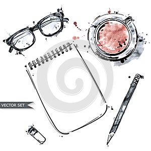 Vector set of working tools: notebook, pen, glasses, cup of coffee.