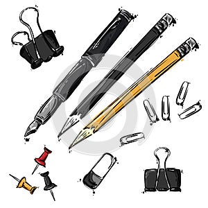 Vector set of working tools: pen, pencil, eraser, paper clip button