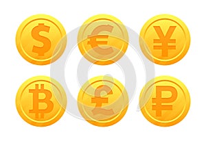 World currency symbols in the form of gold coins with signs: dollar, euro, pound, ruble, yen, bitcoin, yuan