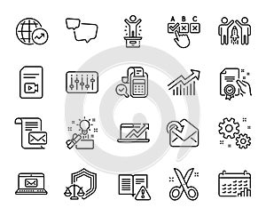 Vector set of World statistics, Receive mail and Speech bubble line icons set. Vector