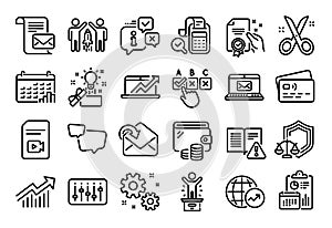 Vector set of World statistics, Receive mail and Speech bubble line icons set. Vector