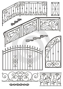 Vector set: wrought iron wicket, railing, fence