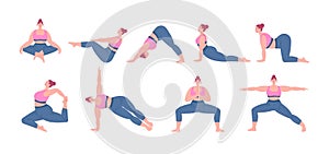 Vector set of yoga poses in flat style. Curvy young plus size woman in leggins and sport top in different yoga poses