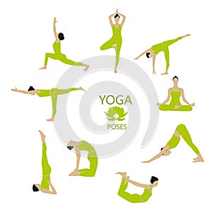 Vector Set of Yoga poses. Girl does yoga exercises.