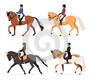 vector set of young horsewoman at racecourse. Professional equestrian competition, dressage performance. Woman riding photo