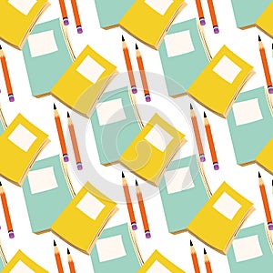Vector sets of blue, yellow, orange notebooks and pencils seamless pattern background. Diagonal rows of journals and