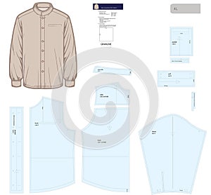 Vector Sewing Pattern for Men XL Long Sleeve Shirt with Mandarin Collar and Placket