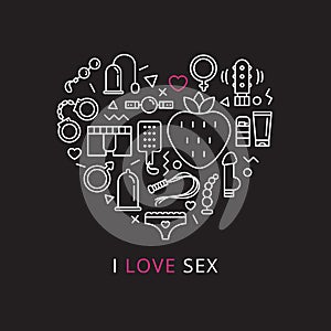 Vector sex shop icons in shape of heart. Trendy