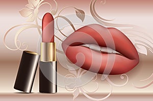 Vector lips and red lipstick on a background with flowers