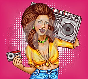 Vector pop art woman with tape recorder