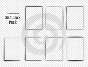 Vector shadows set. Page dividers on transparent background. Realistic isolated shadow for paper in A4 format. Vector