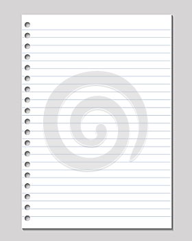 Vector sheet of lined paper with holes for binding isolated