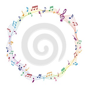 Vector sheet music round frame - musical notes melody on white background