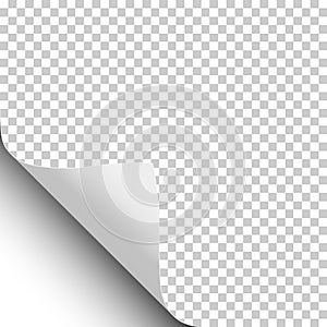 Vector sheet of white paper with curled corner, soft shadow and transparent sheet under it