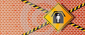 Vector of Shelter in Place or Stay at Home or Self Quarantine Yellow Diamond Shape Sign with Caution Tape. To Stop Coronavirus or