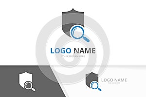 Vector shield and loupe logo combination. Safe seach logotype design template.