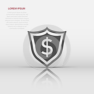 Vector shield with money icon in flat style. Shield sign illustration pictogram. Dollar business concept