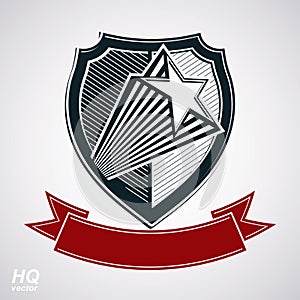 Vector shield with pentagonal comet star and decorative curvy band, protection heraldic sheriff blazon with red ribbon.