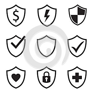 Vector shield protection icon set black on white