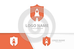 Vector shield and rocket logo combination. Security airplane logotype design template.