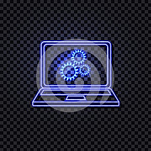 Vector Shining Blue Laptop with Gears Icon on the Screen, Isolated Illustration.