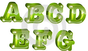 Vector shining font with green letters ABCDEFG