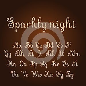 Vector shining luxury beautiful calligraphic gold alphabet font set of glittering sparkles. Glitter font. Golden sparkle