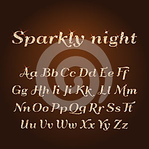 Vector shining luxury beautiful calligraphic gold alphabet font set of glittering sparkles. Glitter font. Golden sparkle