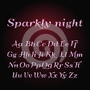 Vector shining luxury beautiful calligraphic pink, red and purple alphabet font set of glittering sparkles. Sparkle