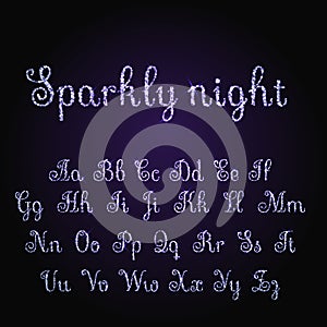 Vector shining luxury beautiful calligraphic purple alphabet font set of glittering sparkles. Vector illustration. EPS