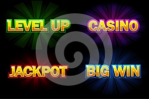 Vector shining text Casino, Jackpot, Big Win and level Up. Icons for casino, slots, roulette and game UI