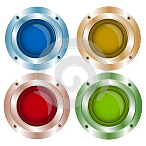 Vector shiny color buttons with metal elements, red, green, blue