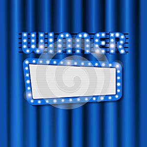 Vector shiny frame for winner on blue curtains background