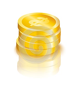 Vector shiny gold coins stack with dollar sign with reflection