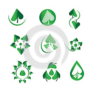 Vector shiny green leaf set, nature, ecology, green drops, water, biology, organic, natural, leaf symbol icons