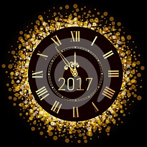 Vector 2017 shiny Merry Christmas and Happy new year 2017 gold clock with glitter frame. Vintage elegant luxury gold watch