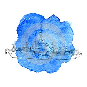 Vector ship at blue watercolor background