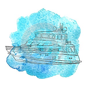 Vector ship at blue watercolor background