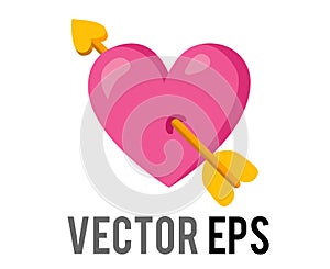 Vector shocking pink heart icon with yellow love cupid arrow