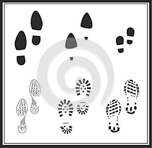 Vector. shoe print silhouette. Set of footprints: sports running shoes, skating footwear, classic shoes, child footprints, female