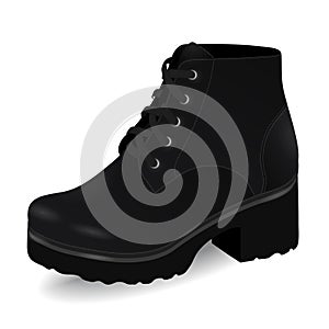 Vector shoes, women`s black high boots on low-heeled with shoelaces, isolated