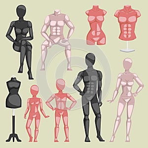 Vector shop beauty mannequin dummy doll model for fashion dress and plastic figure of human body doll illustration set