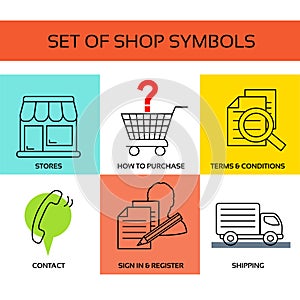 Vector shop symbols, navigation - stores, how to purchase, terms and conditions, contact us, sign in and register, shipping