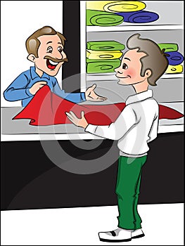 Vector of shopkeeper helping customer to choose clothes