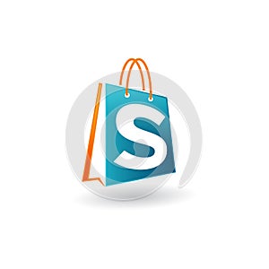 Vector shopping bag logo icon, blue bag with letter s